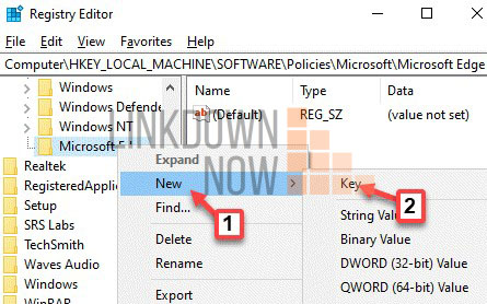Nhấp chuột phải vào key Microsoft Edge, chọn New và sau đó chọn Key