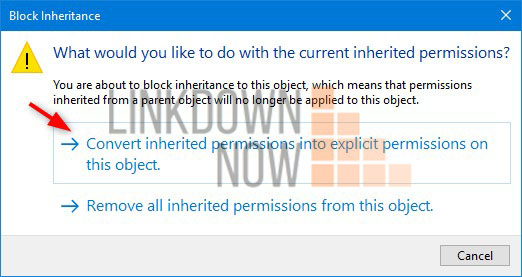 Nhấp vào Convert inherited permissions into explicit permissions on this object